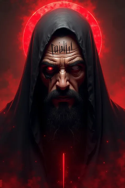 Illustration of Dajjal figure :  creepy face with a blind right eye ,  looks like a covered wound .  The left eye staring sharply . Forehead is written the word KAFIR in Arabic letters.  Dark background with a glowing red aura around it.