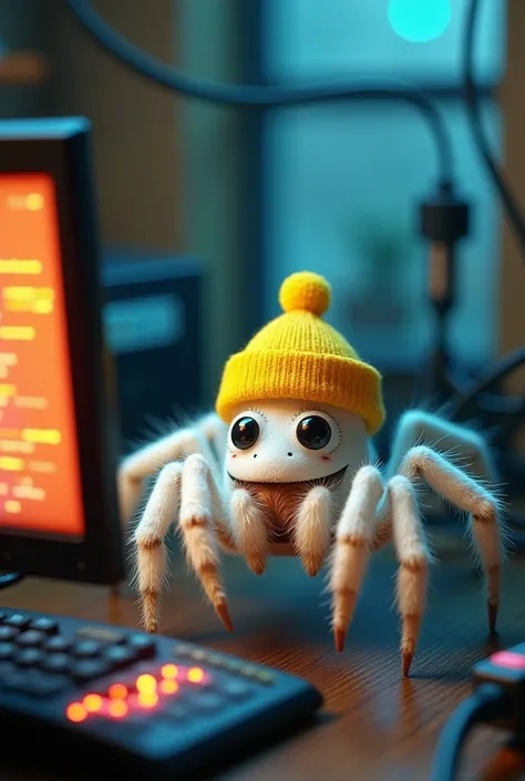 An 8-legged spider with a white color and a yellow hat is programming