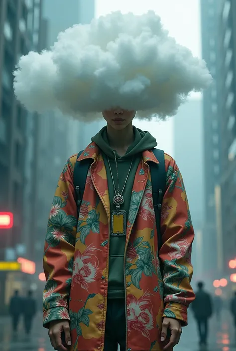 90s anime, cyberpunk style, of a person in urban floral wear, with a cloud as a head, photorealistic, volumetric lighting, 8k, highly detailed