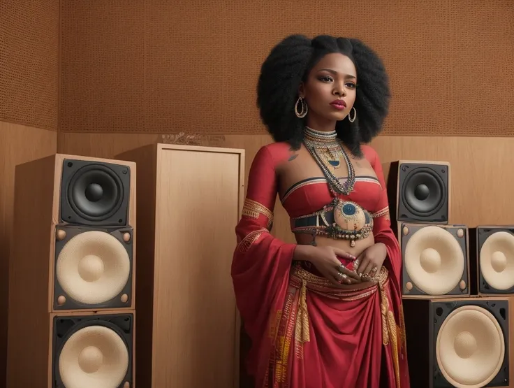 there is a woman standing in front of a bunch of speakers, music video, still from a music video, album art, video still, album photo, official music video, malika favre, by Ingrida Kadaka, photo shoot, traditional art, performing a music video, photo take...