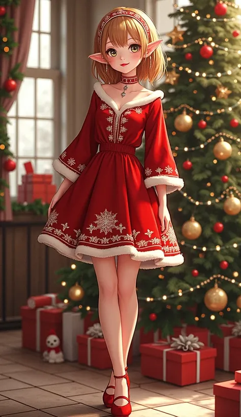 a close up of a woman in a red dress near a Christmas tree, cute anime waifu in a nice dress, wearing festive clothing, holiday vibe, teen elf girl, grayscale photo with red dress, girl wears a red dress, full body commission for, loli in dress, fantasy st...