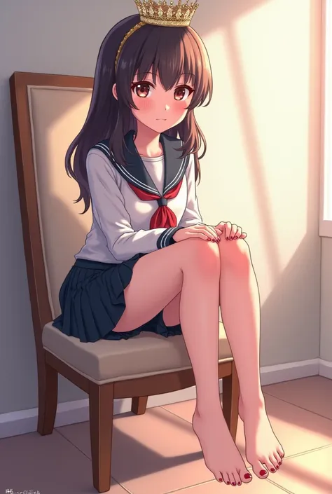 A school girl sitting on chair with Pretty feet clearly visible toenails. With a crown on head. Sitting like princess.  *Best quality* age s style anime 4k