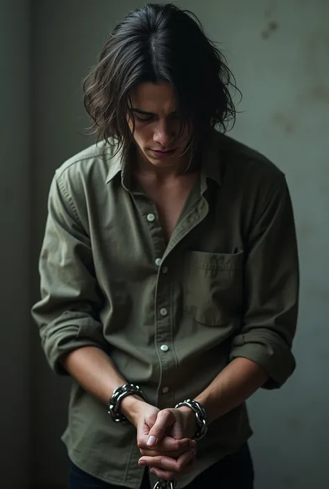 (photorealism:1.2),21 years boy Whi has long hairs whos hand are tied back with chains and he is depressed 