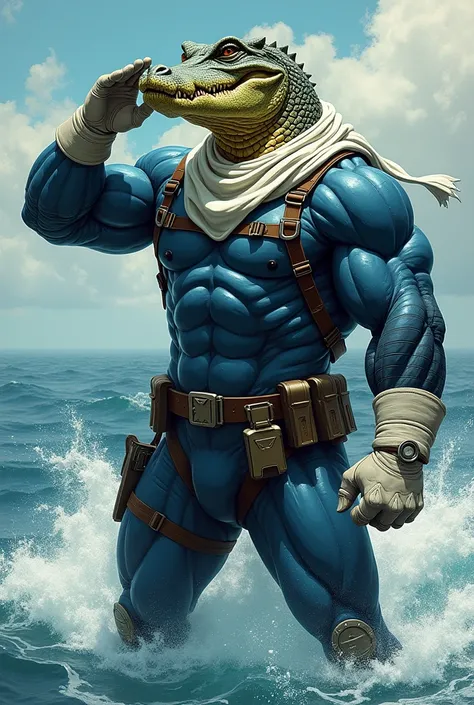 (A rugged beefy very muscular bulky serious crocodile man), (wearing blue wetsuit), saluting, wearing harness, wearing white hero scarf, wearing bulky scuba gear, muscular physique, toned muscles, fierce, heroic, action, comic artstyle, bulky best quality,...