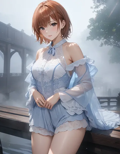 An old bridge shrouded in fog , masterpiece:1.5,  cowboy shot, masterpiece:1.5, masterpiece, highest quality, (Misaka Mikoto), UHD, retina, masterpiece, accurate anatomy, textured skin, super detailed, high quality, best quality,  highres icon, 8k