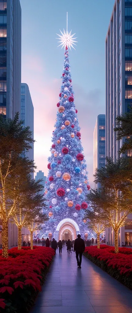 City of modern architecture, large christmas decorations, poinsettia path, People walking high quality clear Create something great in this world.most beautiful Christmas tree Please create the best in the world.