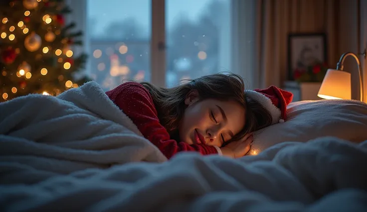 Christmas day, Christmas tree, In the night light coming from the window on the bed double bed a beautifull women and a baby girl sleeping and they muffled the blanket, Christmas clothes, window, rainy day, Realistic