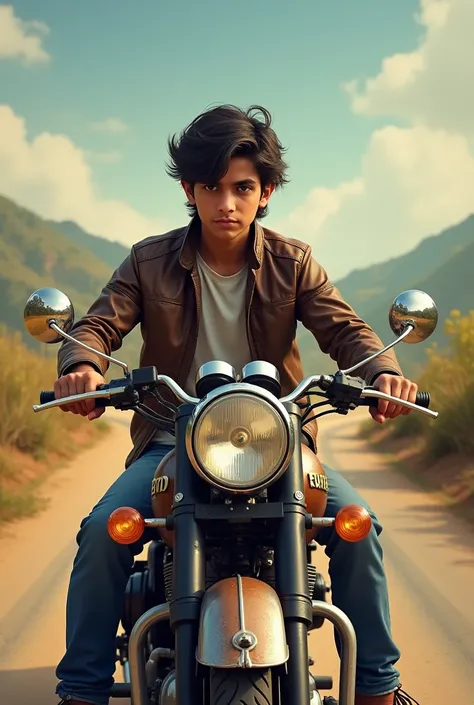 A boy sit on royal Enfield his name was kartik