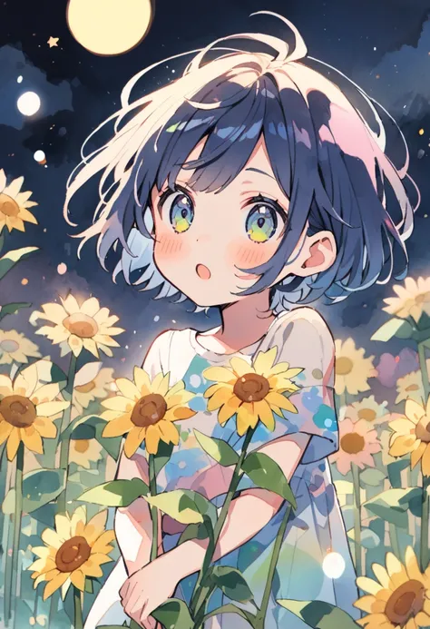 Watercolor colorful,himawari,girl,,solo,dark blue hair,spicky short hair,in sunflowrrs at night,himawari uzumaki