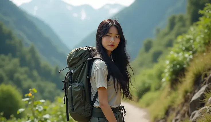 A beautiful Japanese woman is traveling alone、 big backpack 、Climbing Style、 live action、 black hair、 shortcut 、Genuine