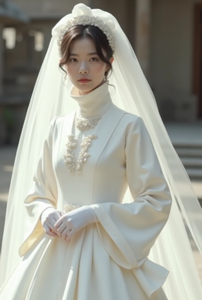 Wearing a huge, revealing wedding dress。White satin full finger glove、"Shoulders and neck、A turtleneck that covers your mouth 360 degrees。"Everything is connected。She was wearing a white wedding kimono over her wedding dress.、A cotton cap is placed over th...