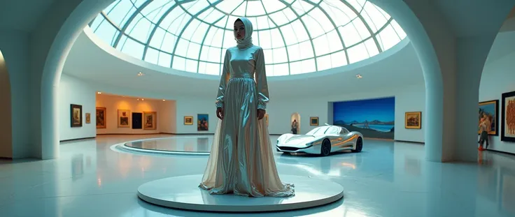  glossy fashion in an iconic backdrop : A model in extravagant ,  reflective satin hijab poses on a large ,  rotating platform in the middle of a futuristic museum hall .  The walls are covered with modern works of art ,  while a shiny chrome car is visibl...