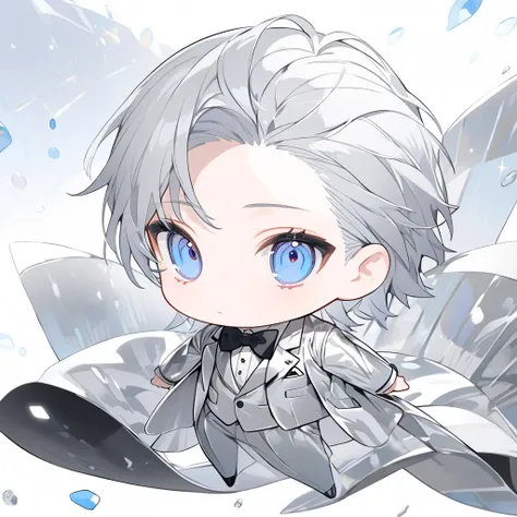 Alone, 1 male, Silver Hair, light blue eyes,Silver Suit, black bow tie ,White background,Chibi character