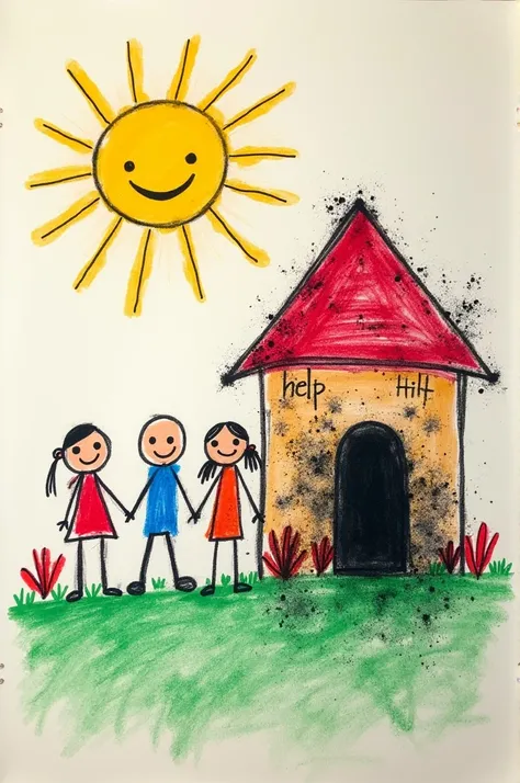 "A crayon-style drawing mimicking a ’s artwork, placed on an off-white paper background with a slightly textured surface. The scene depicts a cheerful family setting: a simple house with a triangular roof, stick-figure family members with smiling faces, an...