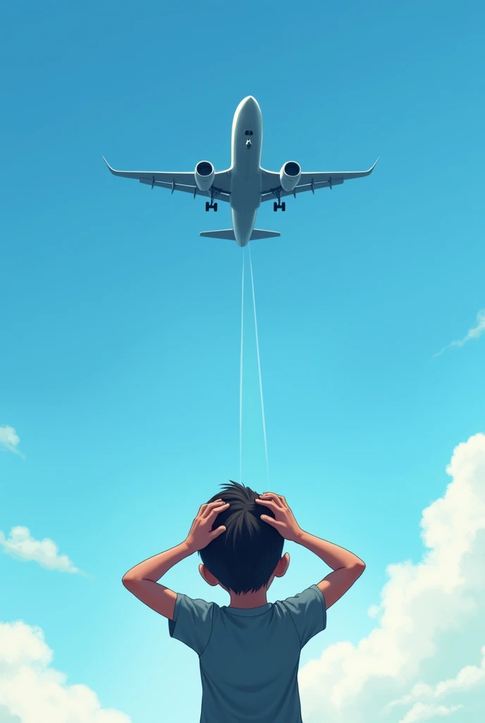 “A human boy is looking at an airplane flying directly above his head.”