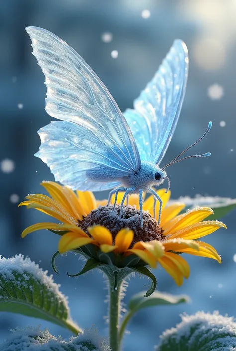 An icy butterfly with girstal wings has snow on a sunflower branch 