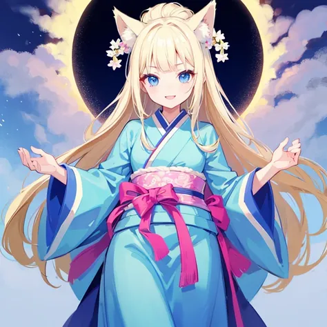 Girl with kemono ears 　 long blond hair with hidden ears　Wolf Ears　Sky Blue Eyes　Double eyelids　Slightly raised eyes 　smile　Double teeth　Thin eyebrows　 Light Blue Kimono 