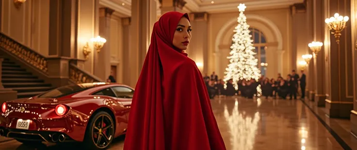  A glamorous Christmas in a New York museum .  A model in a red satin hijab poses on a staircase , While a live orchestra is playing in the background .  A shiny chrome sports car stands in front of an illuminated Christmas tree.