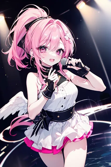 a beautiful girl with long eyelashes singing on a live stage, pink hair in a ponytail, cute and smiling, pale skin, sexy mini skirt, captivating angelic vocals, the dream girl of many, bathed in dazzling spotlights