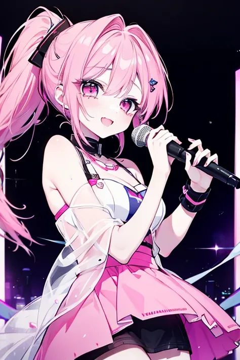 a beautiful girl with long eyelashes singing on a live stage, pink hair in a ponytail, cute and smiling, pale skin, sexy mini skirt, captivating angelic vocals, the dream girl of many, bathed in dazzling spotlights