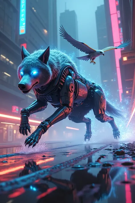 A sleek, futuristic wolf with metallic fur and glowing blue circuitry running through its body, seamlessly blending into a high-performance motorcycle chassis. Its eyes glow bright blue as it races across a neon-lit cityscape. Nearby, a majestic eagle soar...