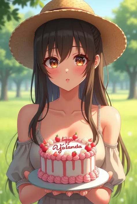 Image of a tender and sexy lady in anime holding a cake that says happy birthday Yolanda and that she has 
 Wearing a straw hat