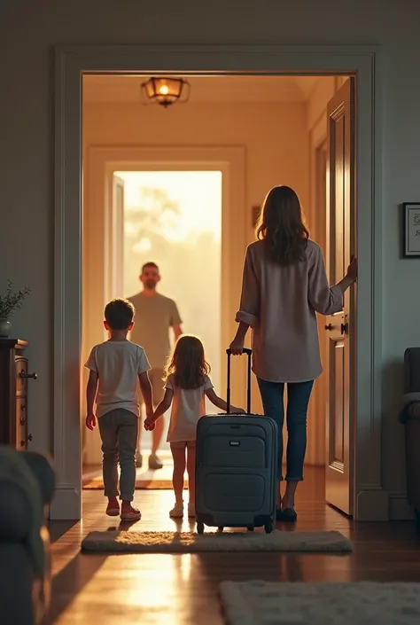 une femme en zoom est sur le pallier de sa maison avec ses 2 enfants et des valises. Son mari, dans le hall, derrière, les regarde au loin.  les 2 enfants ont le même visage que leur père. humour. on voit lhomme derriere. photo ultra realiste 