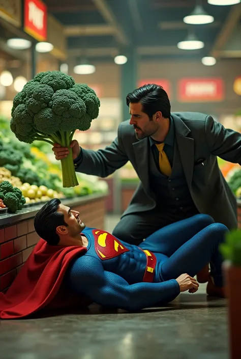 Superman is on the floor of a greengrocer trying to get away from a greengrocer who shows him broccoli 