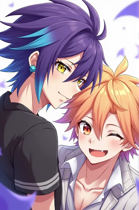 Kamishiro Rui choppy purple hair with two cyan streaks. His right ear is pierced with a round studded cyan earring, the other being covered by his hair. light yellow eyes Rui is a 182 cm tall male

Tenma Tsukasa has orange-yellow eyes, short scruffy blonde...