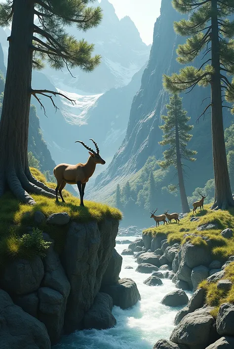 Ibex and  6 big alpine trees their roots touching water ,white water river and alpine trees and mountain and rocks and green grass and 