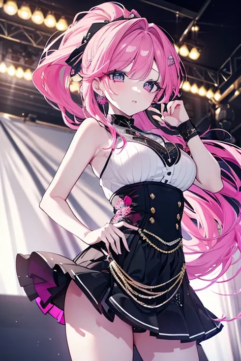 a beautiful young woman with long pink hair, long eyelashes, and a ponytail, singing passionately on a stage under glittering spotlights, a vision of feminine allure and charm, (best quality,4k,8k,highres,masterpiece:1.2),ultra-detailed,(realistic,photorea...