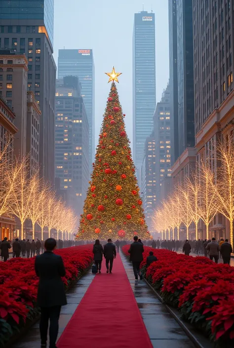 City of modern architecture, large christmas decorations, poinsettia path, People walking high quality clear Create something great in this world.most beautiful Christmas tree Please create the best in the world.Must have the highest quality decoration in ...