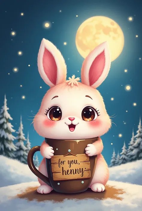 A hyper-realistic, ultra-detailed, high-definition oil painting of a 12k image with a flirty watercolor illustration of a picturesque scene. The scene is of a serene moonlit night with a warm and cozy atmosphere. There is a 3D rendering of a cute chibi bun...