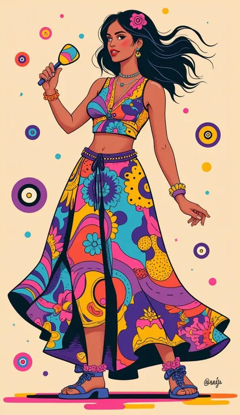 Create a vibrant 70s disco-inspired artwork featuring a feminine figure standing gracefully. The piece should embody groovy and trippy aesthetics, with hallucinatory, hypnotic patterns that evoke a sense of euphoria. Incorporate abstract, fluid shapes alon...