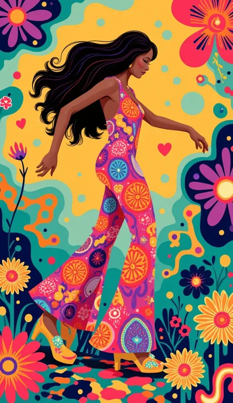 Create a vibrant 70s disco-inspired artwork featuring a feminine figure standing gracefully. The piece should embody groovy and trippy aesthetics, with hallucinatory, hypnotic patterns that evoke a sense of euphoria. Incorporate abstract, fluid shapes alon...