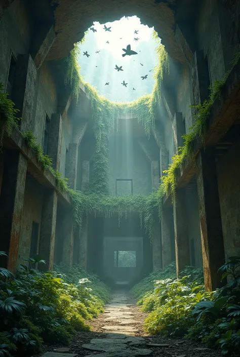 environment that has vegetation inside and birds entering through the high and cracked roof, which gives the effect that the place is about to fall apart