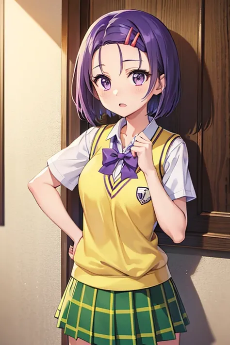 Haruna Sairenji, girl、 one girl 、Hair Accessories, Hair Clip, (Purple eyes:1.1), Purple Hair, short hair, Swept-apart bangs, (forehead:1.2), white shirt, Sweater vest, (Yellow vest:1.1), Short sleeve, Checkered skirt, Green Skirt, Short sleeve,Best Quality...