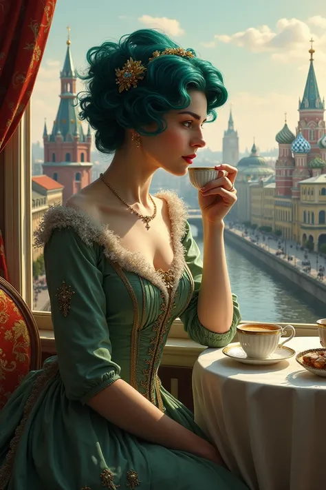 Victorian woman with lead hair, drinking tea sitting with the city of st. Petersburg in the background