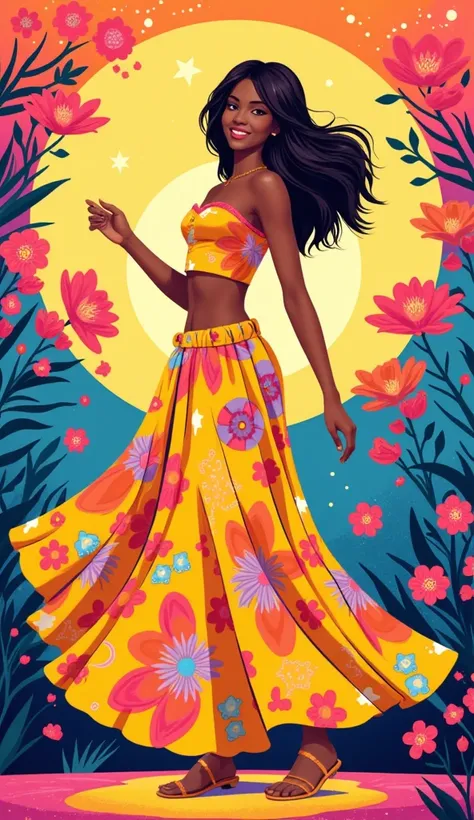 Create a vibrant 70s disco-inspired artwork featuring a feminine figure standing gracefully. The piece should embody groovy and trippy aesthetics, with hallucinatory, hypnotic patterns that evoke a sense of euphoria. Incorporate abstract, fluid shapes alon...