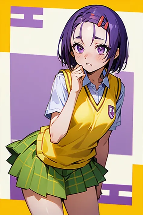 Haruna Sairenji, girl、 one girl 、Hair Accessories, Hair Clip, (Purple eyes:1.1), Purple Hair, short hair, Swept-apart bangs, (forehead:1.2), white shirt, Sweater vest, (Yellow vest:1.1), Short sleeve, Checkered skirt, Green Skirt, Short sleeve,Best Quality...