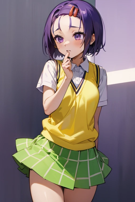 Haruna Sairenji, girl、 one girl 、Hair Accessories, Hair Clip, (Purple eyes:1.1), Purple Hair, short hair, Swept-apart bangs, (forehead:1.2), white shirt, Sweater vest, (Yellow vest:1.1), Short sleeve, Checkered skirt, Green Skirt, Short sleeve,Best Quality...