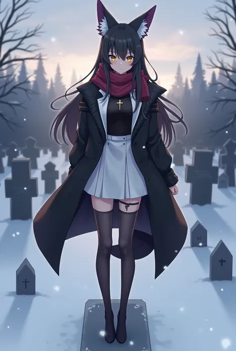 day, dawn, cloudy. snow, snowfall, blizzard, graveyard, tombstones, 1girl, fox ears, fox tail, long hair, black hair, hair ornament, gold beautiful eyes,  huge breast, white skirt. black fur coat, white blazer, black top,  scarf, cross neckle, arms under b...