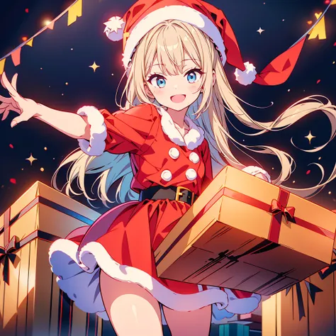  Christmas、 Girl Dressed as a Cute Santa Jumping Out of a Big Present Box、 Black and White Santa Claus Dress 、Black Dowel Casket Hat 、Smiling happily、Happy Space、heart、 neon light、Mysterious、 absurd、 Fantasy 、赤と緑のheartのイルミネーション、