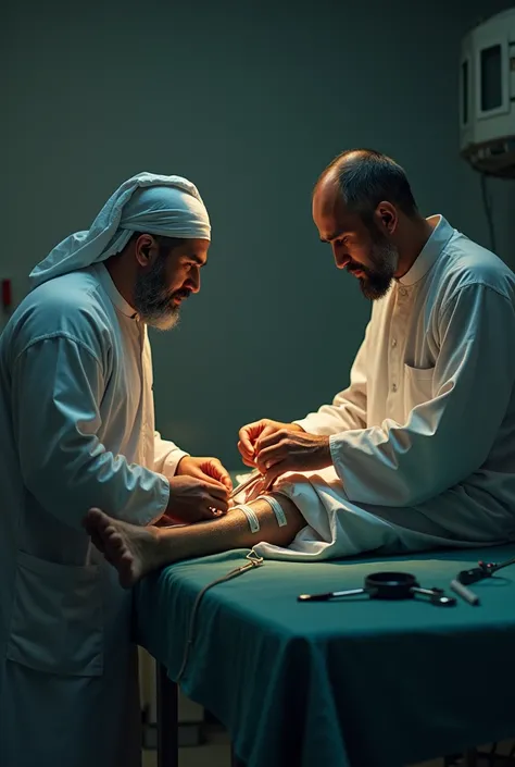 A healer is operating on a Muslim mans sick leg