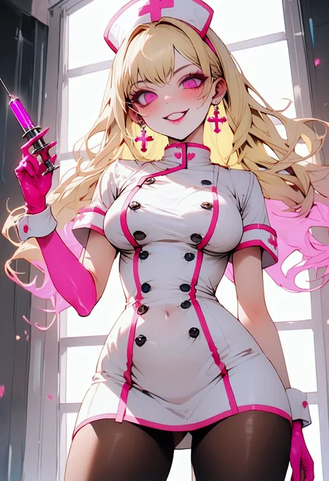 sexy woman, nurse, futuristic short white double breasted nurse dress with pink trim and black buttons, sheer black pantyhose, nurse cap, wicked smile, long luscious blonde hair, bimbo, high res, ultra res, 8k, vibrant, colorful, pink rubber gloves, medium...