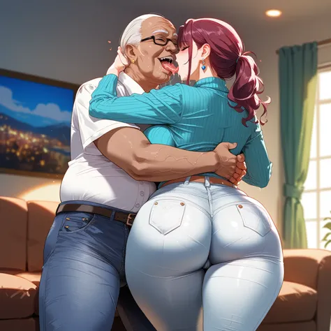  score_9,  score_8_up,  score_7_up, sauce_Anime, 1、Elderly men ,  One Woman ,  very big boobs,  Big Breasts ,  earrings for a woman alone, sweaters and jeans , mature woman and old man, from behind, (((Old man plays with boobs and crotch)))、caress、Hugs、 hu...