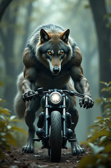 
a wolf facing a motorbike, vicious eyes, dynamic impression, in the middle of the forest, tense atmosphere, detailed,