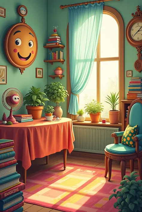 "Illustration of a vibrant living room filled with a cheerful chair, a sturdy table draped with a colorful tablecloth, a gentle wall with a friendly face, a round watch with spectacles hanging on the wall, a whimsical fan with a friendly expression, and a ...