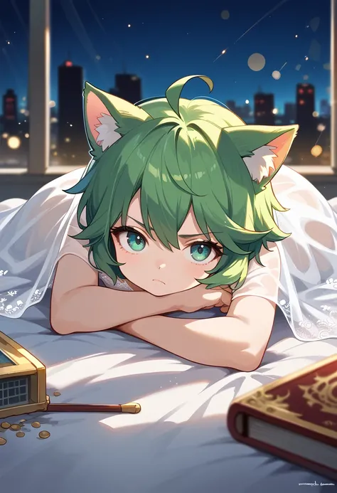 cat ears, green hair, short hair, masterpiece, flat chest, closed mouth, lace, staring, frown, ahoge, loli, bokeh, background, looking at viewer, white sleepwear, shadow, jitome, apocalypse, background, city, night, abandoned, portrait, close up, dust, lig...