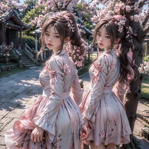 masterpiece、highest quality、High resolution、photorealistic、High resolution、Raw photo、(Around 50 pink flowers blooming on a tree with the shrines torii gate in the background, Cherry Blossoms in the wind, background Cherry tree, background Cherry tree, Cher...